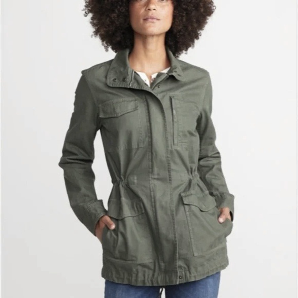 Marine Layer Women's Rotterham Utility Jacket Olive Green Cotton Cinched Waist
